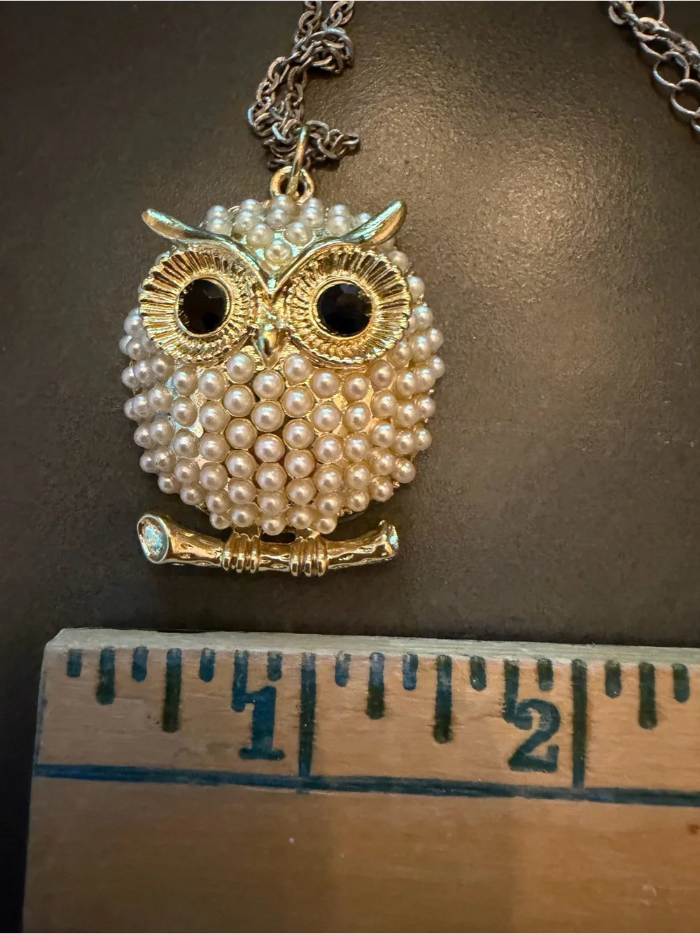 Vintage 1970's Gold Tone Owl Pendant Necklace Cream Whimsical Boho